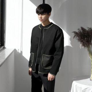 Pocket-front Collarless Zip-up Jacket