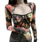 Long-sleeve Square-neck Floral Mesh Crop Top Pink Floral - Black - One Size
