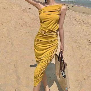 Sleeveless One-shoulder Midi Sheath Dress