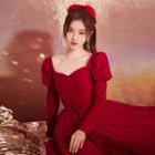 Puff Sleeve Square Neck A-line Evening Gown