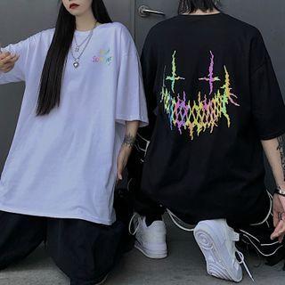 Reflective Print Short-sleeve Round Neck T-shirt