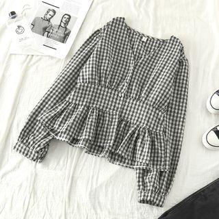 Check V-neck Long-sleeve Blouse Black - One Size