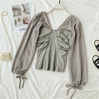 Chiffon-sleeve Tie-cuff Shirred Knit Top