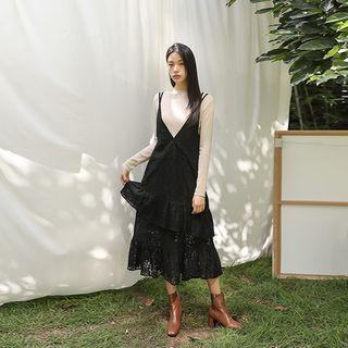 Spaghetti-strap Frilled-detail Laced Dress Black - One Size