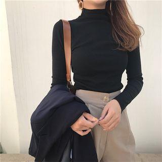 Long-sleeve Mock Neck Plain Tee