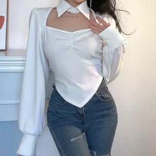 Lantern-sleeve Collared Cut-out Knit Top