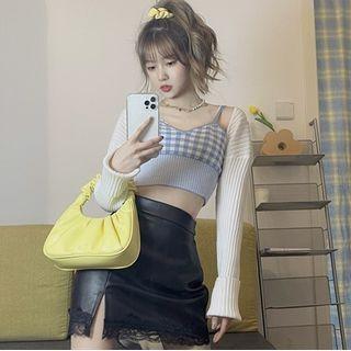 Gingham Cropped Camisole Top / Shrug / Mini Pencil Skirt