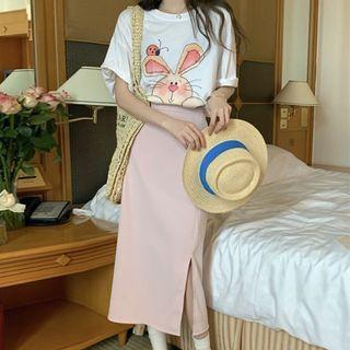 Elbow-sleeve Cartoon Print T-shirt / Slit Midi Skirt