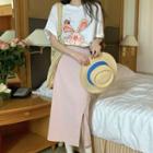 Elbow-sleeve Cartoon Print T-shirt / Slit Midi Skirt