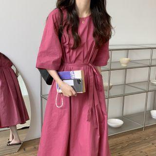 Short-sleeve Midi A-line Dress Rose Pink - One Size