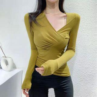 Asymmetric Long-sleeve Shirred Top