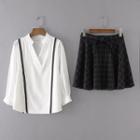 Set: Contrast Trim Split Neck Long Sleeve Blouse + Plaid Skirt