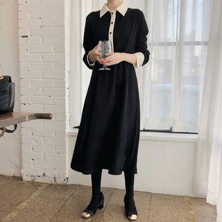 Collared Long-sleeve A-line Midi Dress