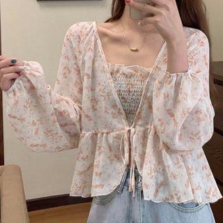 Long-sleeve Tie-front Floral Chiffon Top