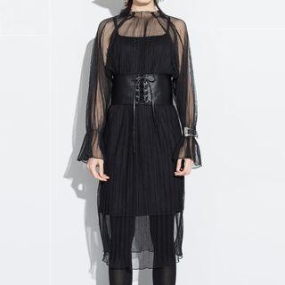 Set: Tulle Midi Dress + Slipdress + Lace-up Belted
