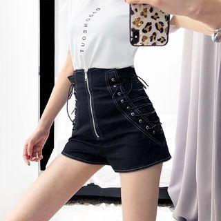 High-waist Lace-up Zipper Denim Shorts