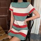 Mock Neck Short-sleeve Knit Dress Stripes - Blue & White - One Size