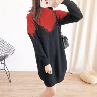 Mock Two-piece Lace-trim Knit Dress