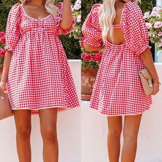 Puff-sleeve Gingham Mini Smock Dress