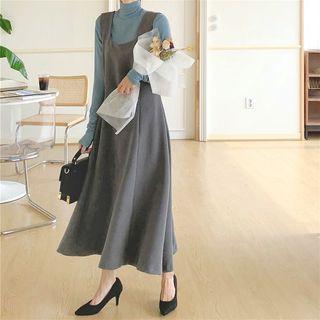 Plain Turtle-neck Long-sleeve Slim-fit Knit Top / Sleeveless Dress
