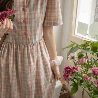 Round-neck Plaid Long Shirtwaist Dress Pink - One Size