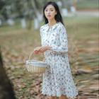 Long-sleeve Floral Print Pleated Collared Dress
