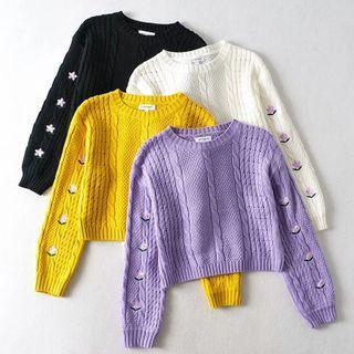 Floral Embroidered Cropped Cable Knit Sweater