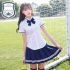 Set: Contrast Trim Short Sleeve Shirt + Bow Tie + Pleated Skirt / Set: Shirt + Neck Tie + Pants