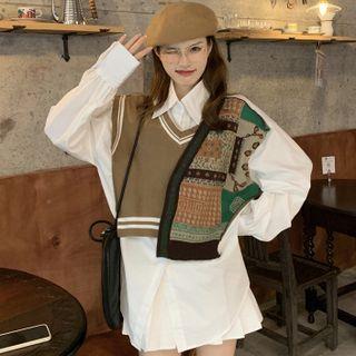 Mock Two-piece Long-sleeve Patterned Knit Panel Shirt