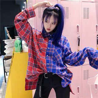 Long Sleeve Color-block Plaid Shirt As Shown In Figure - One Size