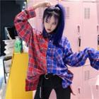 Long Sleeve Color-block Plaid Shirt As Shown In Figure - One Size