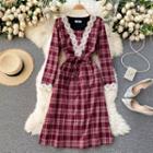 Long-sleeve Plaid Lace Trim Midi A-line Dress Red - One Size