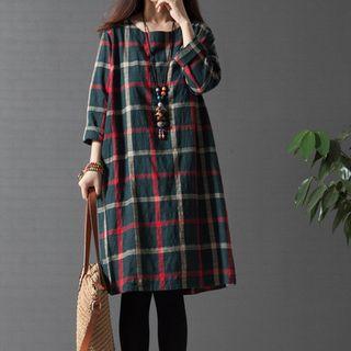 Plaid Elbow-sleeve Linen Cotton Dress