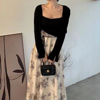 Spaghetti Strap Floral Panel Midi A-line Dress / Cardigan / Set