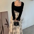 Spaghetti Strap Floral Panel Midi A-line Dress / Cardigan / Set