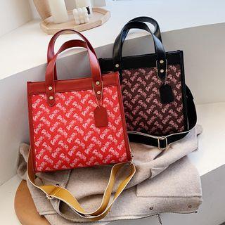 Set: Patterned Faux Leather Tote Bag + Pouch
