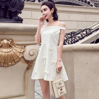 Short-sleeve Off Shoulder Ribbon A-line Mini Dress
