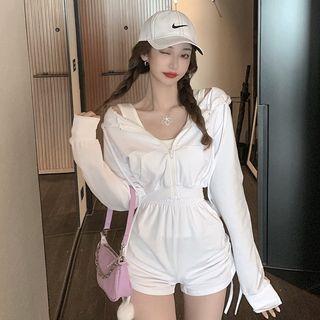 Long-sleeve Zipped Hooded Cropped Jacket / Cross Back Camisole / High-waist Drawstring Shorts