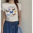 Butterfly Print Short-sleeve Cropped T-shirt / Cropped Cardigan