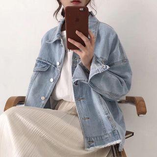Frayed Hem Buttoned Denim Jacket Blue - One Size