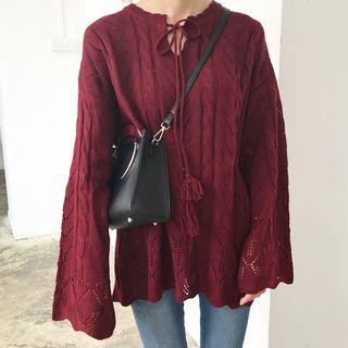 Bell-sleeve Pointelle Knit Sweater