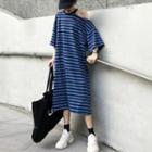 Cut Out Shoulder Striped 3/4 Sleeve Midi T-shirt Dress