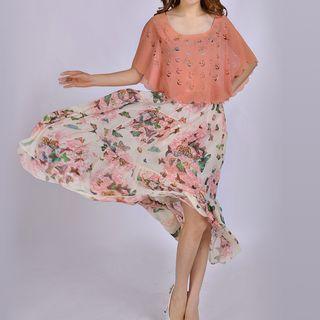 Butterfly Print Mock Two-piece Midi Dress