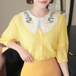 Elbow-sleeve Pointelle-knit Cardigan