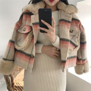 Faux-fur Trim Plaid Coat Tangerine - One Size