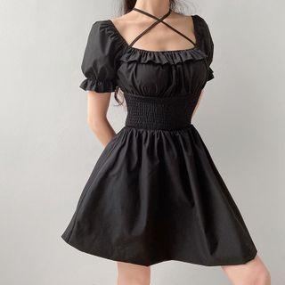 Short-sleeve Square Collar Cross Strap Mini A-line Dress