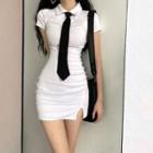 Short Sleeve Slit Polo Neck Mini Dress