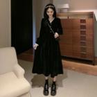Long-sleeve Pleuche V-neck Dress Black - One Size