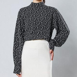 Long-sleeve Mock-neck Floral Print Top Black - One Size