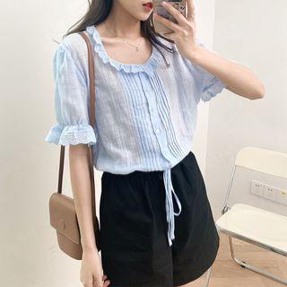 Crewneck Plain Lace Pleated Blouse